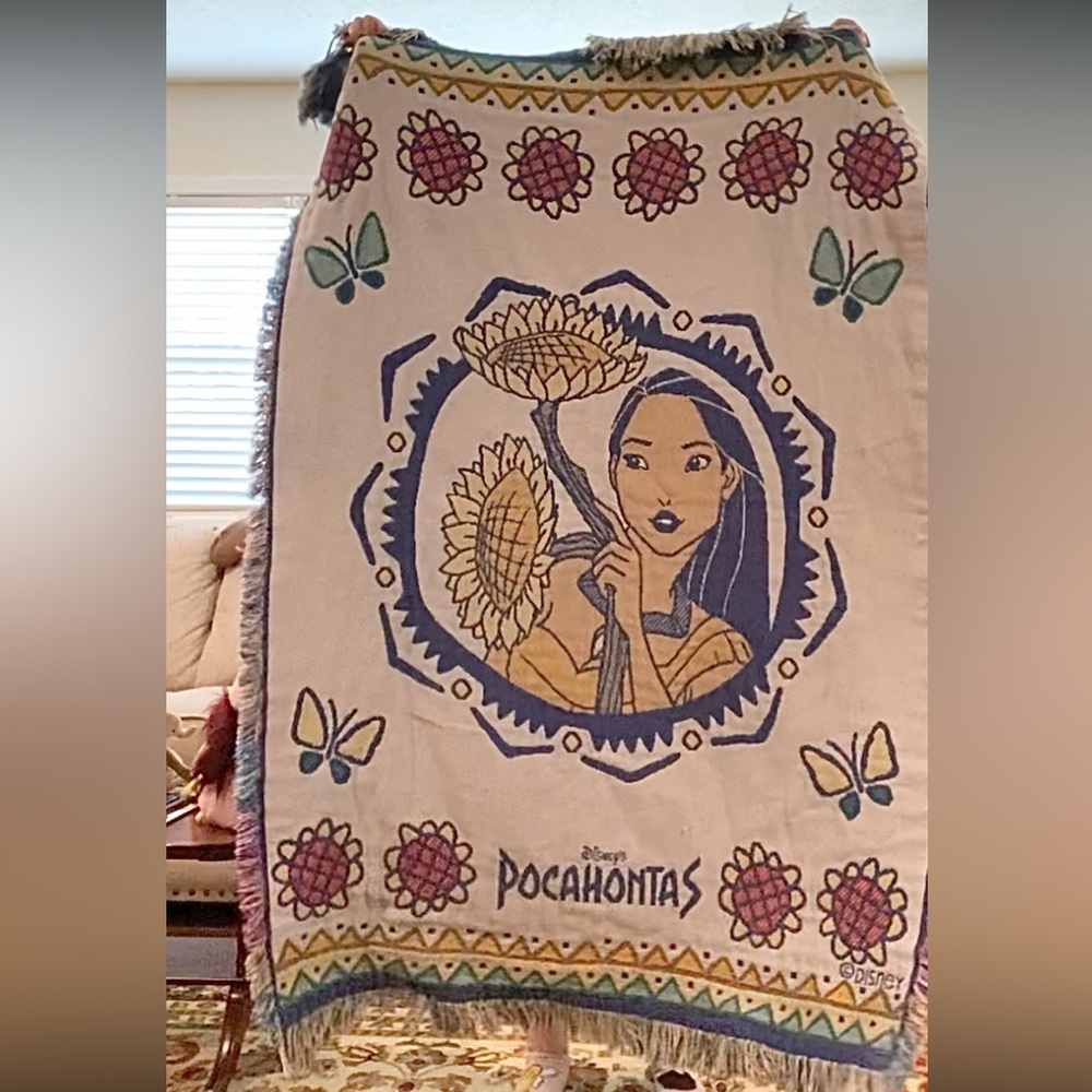 Vtg Pocahontas Woven Tapestry Throw Blanket - Picture 1 of 3